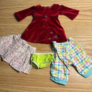 American Girl Doll size Red Velvet Dress, Floral Skirt, Picnic Pants, Lea’s Lime